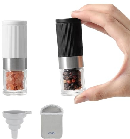 vzaahu Mini Salt and Pepper Grinder Set Black and White | with Bag and Funnel, Small Travel Portable Spice Tools, Adjustable Coarseness, Refillable, Ceramic Burrs for Cooking, BBQ,