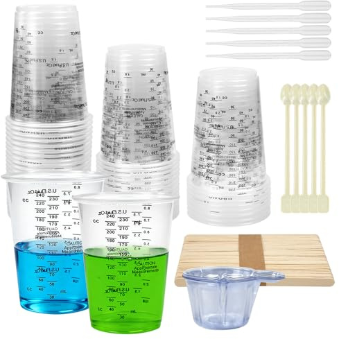 Vurixfo 50 Pcs Epoxy Resin Mixing Cups, 8oz Resin Measuring Cup | Plastic Graduated Cups With Stirrers Sticks, 40ml Paint Mixing Cup & Pipette forDosing Liquids Resin Pigment, 240ml