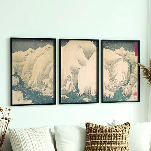 DUOMIO Japan Wandbilder im 3er-Set (opt.) mit Rahmen – Utagawa Hiroshige – Kiso Gorge in the Snow – Stilvolle Wanddekoration – Japan Poster asiatische Deko – Wandkunstdruck für Büro & Wohnzimmer