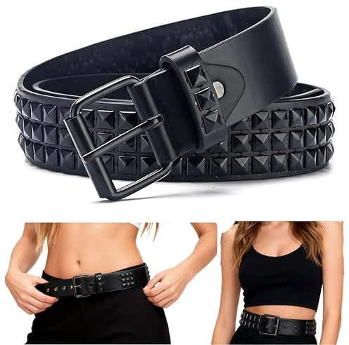SDXCJY Nietengürtel, Rock, Punk, Nieten, Nietengürtel, Gothic, Reihe, Pyramide, quadratisch, PU-Leder, Vintage, Punk, Rock, Öse, Punk, Nieten, für Jeans, Rockwear, Damen/Herren, Schwarz , 110 cm