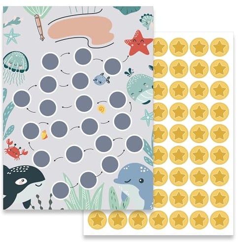 BIROYAL Kinder Belohnungstafel Set mit 12 Ozean Belohnungstafel und 4 Stern-Sticker - Aufgabentafel für Kinder Belohnungssystem - Motivierendes Konzept für Jungs und Mädchen für Gute Gewohnheiten