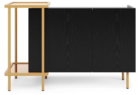 muenfly Sideboard Küchenschrank mit Arbeitsplatte Schwarz, Kommode 2 Türen, Offene Fächer, Metall Glas, 120x40x77.5 cm ideal für Küche, Flur, Wohnzimmer