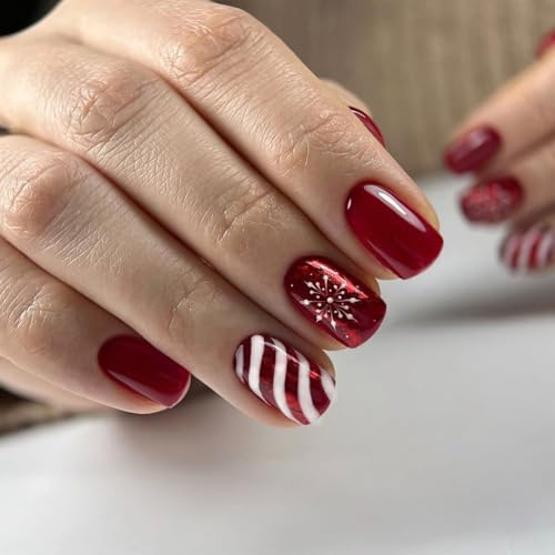 24PCS Christmas Themed Design Press On Nails, Short Square False Nails with Snowflakes Designs in Red & White Striped Stick On Nails Manicure Kits for Christmas Nail DIY, Reusable False Nails