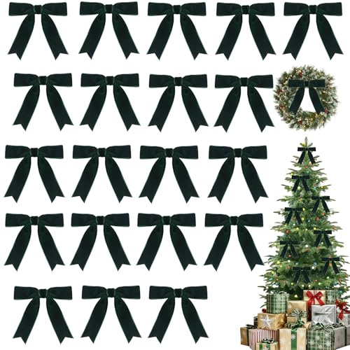 20Pcs Dark Green Velvet Bow for Christmas Tree Decorations 8cm*8cm,Green Velvet Ribbon Gift Bows Vintage Xmas Velvets Bow for Garland DIY Craft Wrapping Wreath Ornament Christmas Bows Decorative