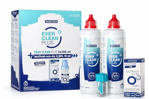 Avizor Ever Clean Plus | Solución Potente de Desinfección Intensiva para Lentes de Contacto | Limpieza Profunda con gotas oculares | Formato 2x350 ml + Lacrifresh Ocu-Dry 0,30% 10 ml