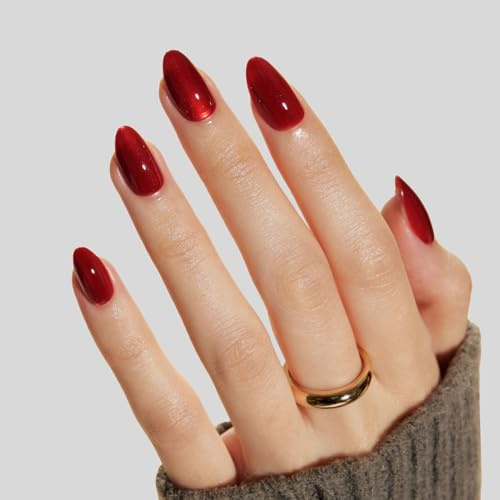 LAMIMOSA 32Pcs Red Cat Eye Press On Nails Short Almond, Bright Red Glittery False Nails with Glue, Soft Gel Fake Nails in 16 Sizes, Stick On Sparkling Nails Kit, RUBY