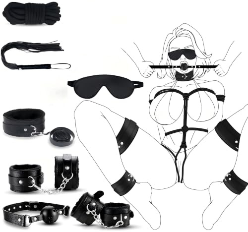 Kit de bondage sexual BDSM, 7 piezas, kit de ataduras fetichistas para la cama, esposas, látigo, cuerda, collar, antifaz, juegos SM para adultos, mujeres, hombres y parejas, juguetes sexuales