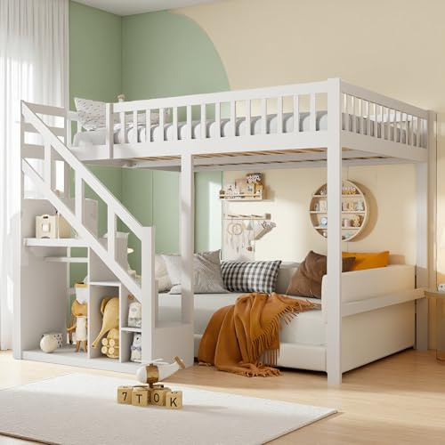 HFASD Hochbett für Kinder, 140 x 200 cm, Etagenbett für Kinder mit Aufbewahrungstreppe und Sicherheitsbarriere, Hochbett für 2 Personen, für Jungen und Mädchen, weiß, ohne Matratze (140 x 200 cm)