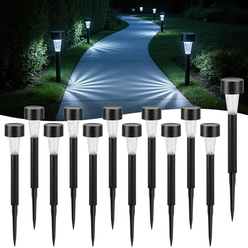 Aigostar 12er Set Solarlampen LED mit Erdspieß, Kaltweiß 6500K, IP44 Schutzart, Automatische Beleuchtung, Solarleuchten für Außen, Gartendeko Terrasse, Rasen, Beet, Weg