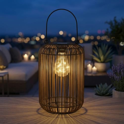 Kremers Schatzkiste LED Solarlaterne Rattan Optik 31cm mit Dämmerungssensor
