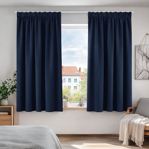 Deconovo Window Treatment Pencil Pleat Curtains Super Soft Thermal Insulated Blackout Curtains 66 x 54 Inch Navy Blue 2 Panels