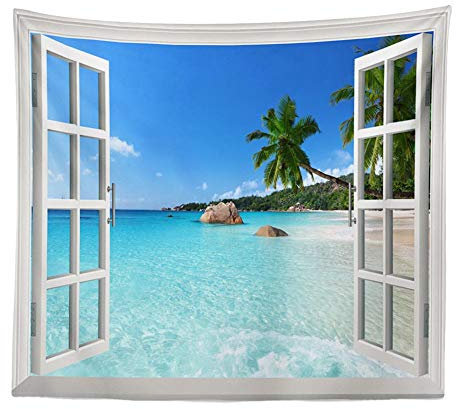 BOYOUTH Wandteppich, Wandbehang, Strand außerhalb des Fensters, Digitaldruck, Wandteppich, Heimdekoration für Wohnzimmer, Schlafzimmer, Schlafsaal, 200 cm breit x 150 cm hoch