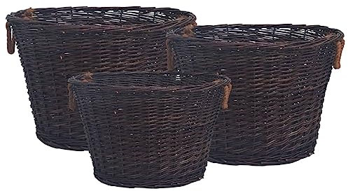 vidaXL Set de Cestas Apilables para Leña 3Unidades Juego Almacenaje Recipiente de Transporte Troncos Almacenamiento Cesto Soporte Colocar Guardar Sauce Marrón Oscuro
