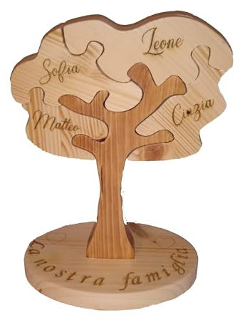 Albero Famiglia Puzzle in legno, oggetto originale unico fatto a mano in legno massiccio con i nomi della tua famiglia incisi (massimo 5 nomi)