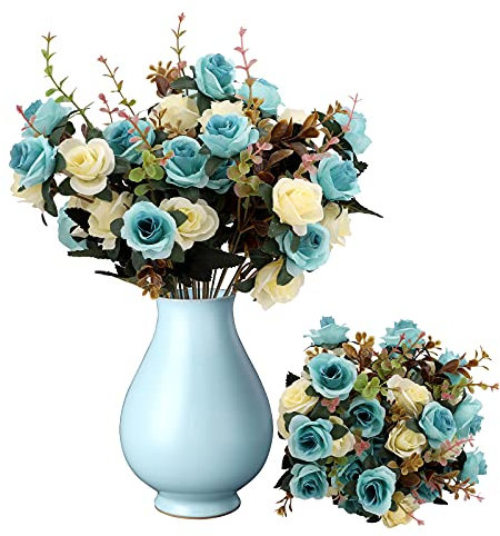 3 Bundles Artificial Flowers Rose Artificial Flowers Outdoor UV Resistant Plants Faux Plastic Greenery Shrubs Indoor Outside Hanging Planter for Home Wedding Office Table Decoration Gift Blue