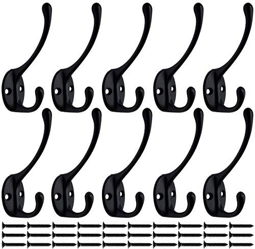 Mokife 10 Stück Kleiderhaken Schwarz Matt, Garderobenhaken Vintage Doppelt Metall Wandhaken Retro für Mantel Robe Tasche Handtuch Schlüssel Hut Tasse