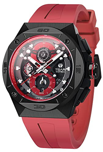 TSAR BOMBA Herren Uhr Markenuhren Wasserdicht 100M Luxus Achteckige Lünette Chronograph Uhr Herren Super Helles Leuchtendes Japanisches Uhrwerk Saphirglas Skelett Stilvolles Sport Watch Armbanduhr