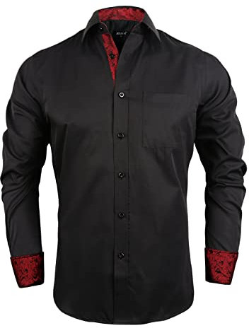Alizeal Mens Business Slim Fit Dress Shirt Long Sleeve Patchwork Button Closure Shirt, Black+Wine Red-M