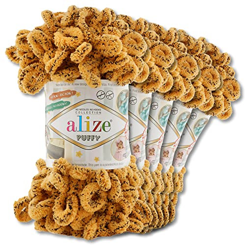 Alize 5 x 100 g Puffy Wolle Chenille Schlaufenwolle Häkeln und Stricken ohne Hilfsmittel Kleidung Accesoire Decken Teppiche (716 | Leopard)