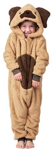 Hunde-Einteiler für Jungen oder Mädchen aus weichem Fleece mit Schwanz in Kindergrößen 2-13 Jahre in Schwarz, Weiß oder Beige