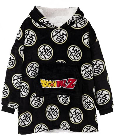 Dragon Ball Z Oversized Blanket Hoodie Kids | Boys Girls Goku Warrior Family Symbol Fluffy Double Lined Sherpa Fleece Vuddie | One Size Sweatshirt Big Pocket Black