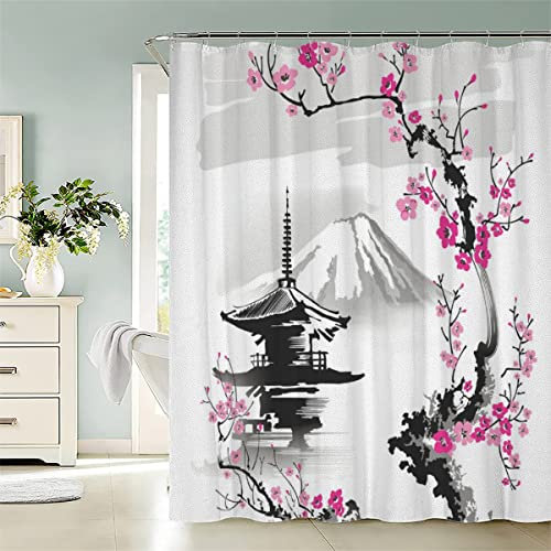 KIYAYO Duschvorhang 180x200 cm Japan Landschaftsmalerei Duschvorhang Anti-schimmel 3D Motiv Sakura Blumen Bad-duschvorhang Jugendstil Duschvorhänge Für Badezimmer Mit 12 Ringe