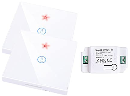proAMEDEN Interruptor tactil de pared, panel de cristal táctil+Relé inalámbrico,10A, funciona con app Tuya/Smart Life, compatible con Alexa y Google Assistant(2/un-1*GangWS+1/un Controller White)