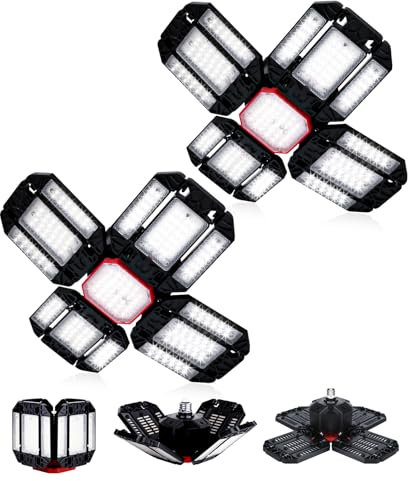 Yiliaw LED Garagenleuchte 2er-Set, 200W 20.000LM, 12 verstellbare Panels, 6500K Tageslicht, Deformierbare Deckenleuchte, Schraubfassung für Garage, Werkstatt und Lager