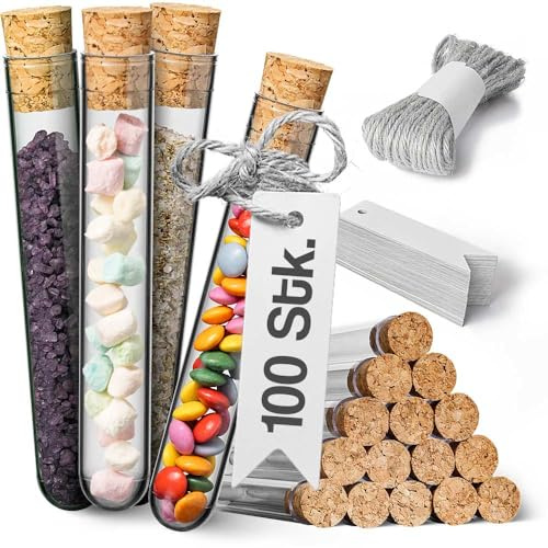 Tuuters 100 Kunststoff Reagenzgläser mit Korken, Etiketten Set (105x17mm) | Reagenzglas mit Verschluss für Geschenke, Blumensamen, Salz Gastgeschenk zur Hochzeit, Taufe Kommunion, transparent, 10m Jute