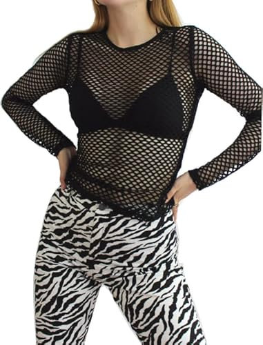 7STYLES Women Fish NET MESH Sheer T Shirt TOP Long Sleeve Blouse Sexy Gothic Dress (as8, Numeric, Numeric_16, Numeric_18, Regular, Regular) Black