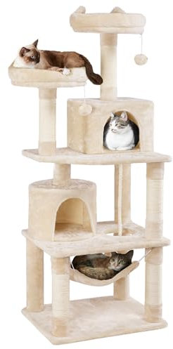 Yaheetech Albero Tiragraffi per Gatti Adulti Grandi Medi con Giocattolo Gioco Palle in Corda Sisal Naturale 61 x 49 x 158 cm Beige