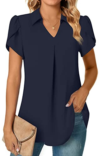 Aodemo Women's Summer Dressy Collared V Neck Chiffon Blouse Short Sleeve Tunic Tops Casual Pleated T-Shirts 3XL, Dark Blue