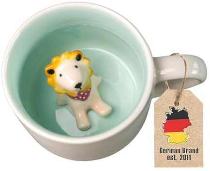 INTIRILIFE Tasse mit Henkel 300 ml – Keramik Kaffeetasse Becher mit 3D Löwe im Inneren – Tiermotiv, Cartoon, Geschenk für Kinder & Erwachsene, Büro, Zuhause, Frühstück, Tee, Kakao – Hochwertig