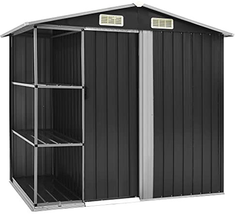 Hommdiy Gartenhaus mit Regal 4 Lüftungsschlitzen Schiebetür Geräteschuppen Gartenschuppen Gerätehaus Garten Schuppen Anthrazit 205x130x183cm Eisen
