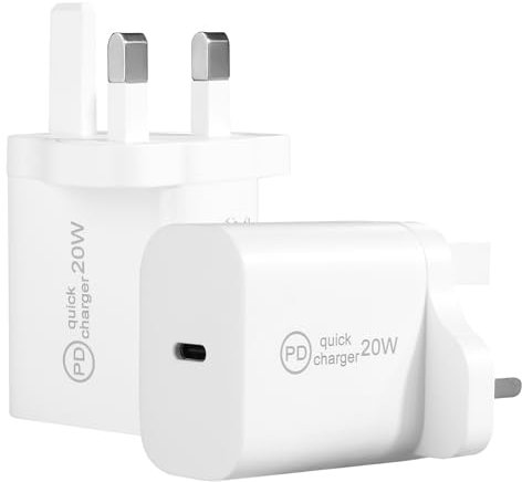 2 Pack USB C Plug Fast Charger for iPhone 15 14 13 12 11 Pro Max Plus X XS XR 8, SE 2020, iPad Pro Air Mini, AirPods Pro, Samsung Galaxy, Pixel, 20W USB-C Power Adapter PD Fast Charging Plug UK