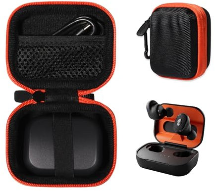 CaseSack Case for Skullcandy Grind Fuel in-Ear Wireless Earbuds with Wireless Charging (Black with Orange Zipper)