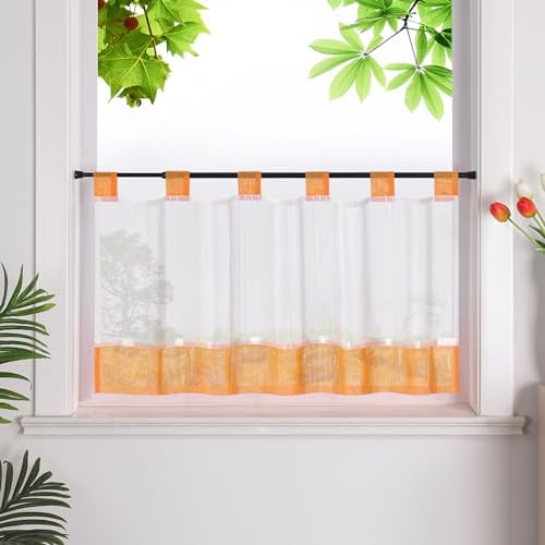 HeichkelL Scheibengardine, Leinenoptik Gardine, Orange HxB 45x120 cm | Küchengardine mit Schlaufen, Halbtransparent Bistrogardine, Landhausstil Kurzstores