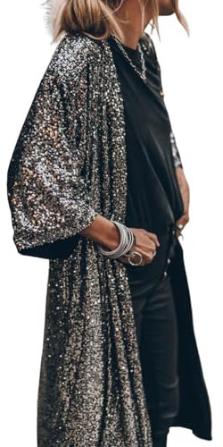 ulafbwur Mantel 44989 Ärmel Offene Naht Loose Fit Cardigan Mantel Damen Glänzende Pailletten Mittellang Cape Jacke Streetwear, Schwarz, Silber, XL