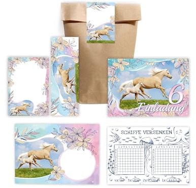 Minkocards 12 Einladungskarten zum 6. Kindergeburtstag Mädchen Pferd mit Fohlen sechste Geburtstag incl. 12 Umschläge, 12 Tüten/natur, 12 Aufkleber, 12 Lesezeichen, 12 Blöcke, 12 Schiffe versenken