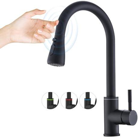 Homesbrand Robinet d'évier de cuisine en acier inoxydable brossé noir avec écran LED, contrôle tactile, pivotant à 360°, pulvérisateur extractible, 3 modes de pulvérisation, robinet réglable de la