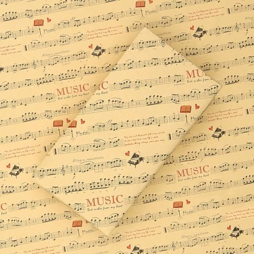 Boerni Musik-Geschenkpapier, Musiknoten Klavier Partitur Kraft Musiker Geschenkpapier flach gefaltet 4 Blatt für Frauen Männer Geburtstag Babyparty Feiertage Hochzeit Weihnachten Musik Konzert