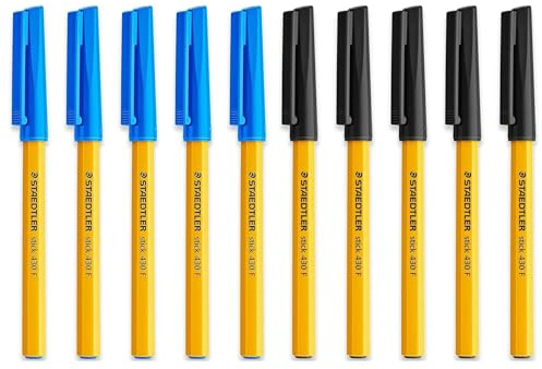 STAEDTLER Fine 0.3mm 430 Stick Ballpoint Pens Writing Pen Smooth - Black and Blue Ink (10)