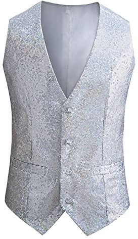 Weste Herren Pailletten 70er Ärmellos Glitzer Weste Mantel Disco Karneval Kostüm Rave Outfit Paillettenweste Glänzend V Ausschnitt Gilet Anzugweste für Hochzeit und Party Tanzkostüm Pailletten Jacke
