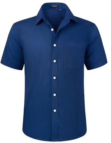 HISDERN Mens Navy Blue Short Sleeve Dress Shirt Regular Fit Casual Formal Shirts Button Down Business Stretch Shirt Non Iron,4XL