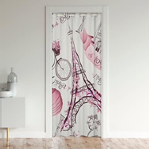 Homewish Rideau de Porte Tour Eiffel pour Couple, Rideau de Placard D'Entrée Floral Rose, Rideau Occultant Romantique pour Filles Femmes, Rideau de Porte Paysage Urbain de Paris, 132x203 cm