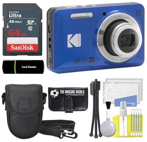 Kodak PIXPRO FZ55 - Fotocamera digitale da 16 MP, zoom ottico 5x, grandangolo da 28 mm, 1080p, fotocamera LCD Full HD da 2,7, scheda e lettore da 64 GB + custodia + portafoglio memoria +
