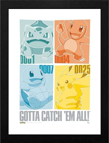 GB eye - Pokemon-Poster, gerahmt, Pikachu & Kanto Starters