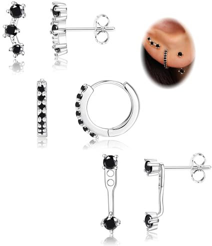 Ohrringe Silber 925 Set Für Damen - Hypoallergen Piercing Ohr Creolen Gold Kleine Ohrstecker Silber 925 Stapelbar CZ Ohrstecker Ohrringe Helix Piercings Für Mehrere Ohrlöcher,Schwarz CZ