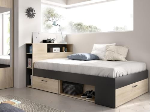 Vente-unique-Bett mit Kopfteil, Stauraum & Schubladen - 120 x 190 cm - Holzfarben & Anthrazit - Leandre