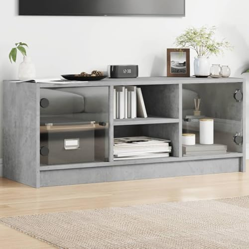 Gecheer Meuble TV, meuble TV de salon, table pour télévisions, meuble TV avec portes en verre gris béton 102 x 37 x 42 cm
